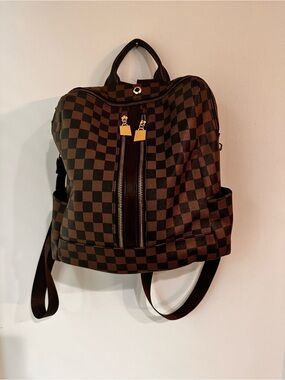 Checkerboard Brown Backpack with Gold Accents